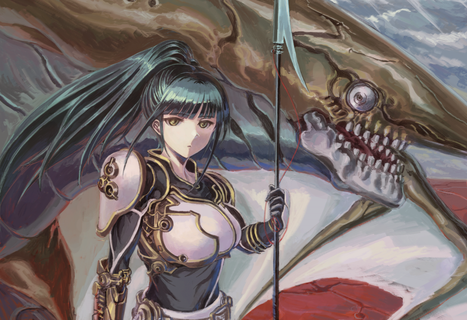 1girl armor bangs black_gloves blunt_bangs breastplate closed_mouth dark_green_hair dragon eyebrows_visible_through_hair floating_hair gloves green_eyes holding holding_polearm holding_weapon long_hair looking_at_viewer original polearm ponytail spear vaison weapon white_armor