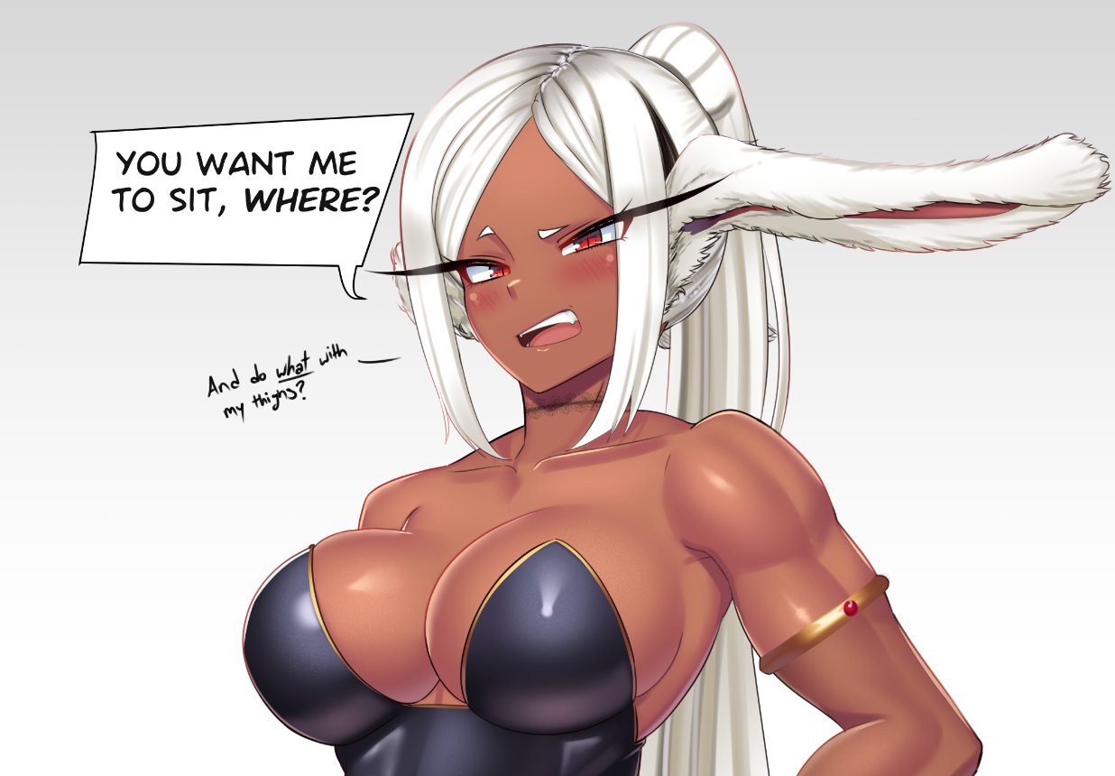 1girl alternate_hairstyle animal_ears bare_shoulders boku_no_hero_academia breasts castell collarbone dark-skinned_female dark_skin english_text impossible_clothes impossible_leotard large_breasts leotard long_hair looking_at_viewer mirko open_mouth ponytail rabbit_ears raised_eyebrow red_eyes short_eyebrows solo speech_bubble strapless strapless_leotard teeth upper_body upper_teeth white_hair