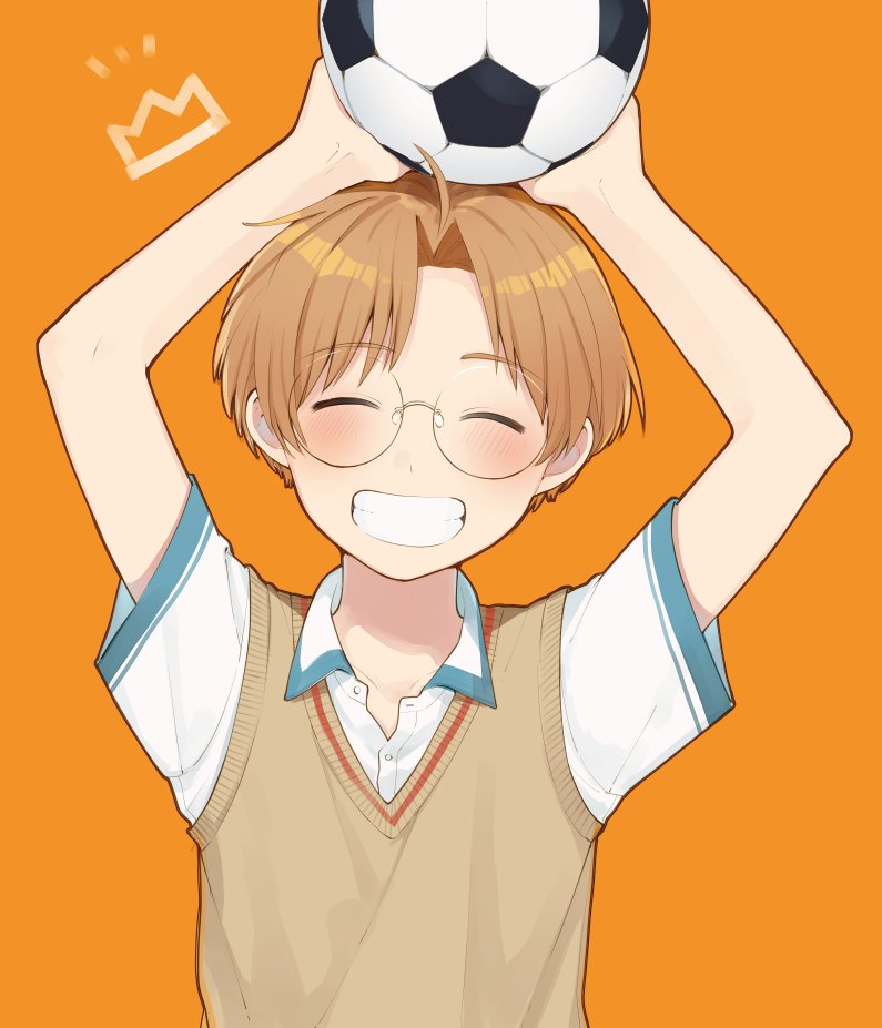 1boy arms_up ball closed_eyes facing_viewer glasses holding holding_ball jinnai_enta karushiumu_shougyo light_brown_hair male_focus orange_background sarazanmai short_sleeves simple_background smile soccer_ball solo sweater_vest upper_body