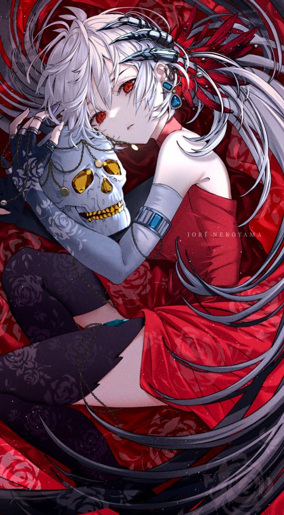 1girl artist_name bangs bare_shoulders black_legwear breasts claws commentary dress earrings elbow_gloves feet_out_of_frame fingerless_gloves from_above gem gloves gold grey_hair holding jewelry long_hair looking_at_viewer lying nekoyama_iori on_side original parted_lips red_dress red_eyes ring skull sleeveless sleeveless_dress small_breasts solo symbol-only_commentary thigh-highs zettai_ryouiki