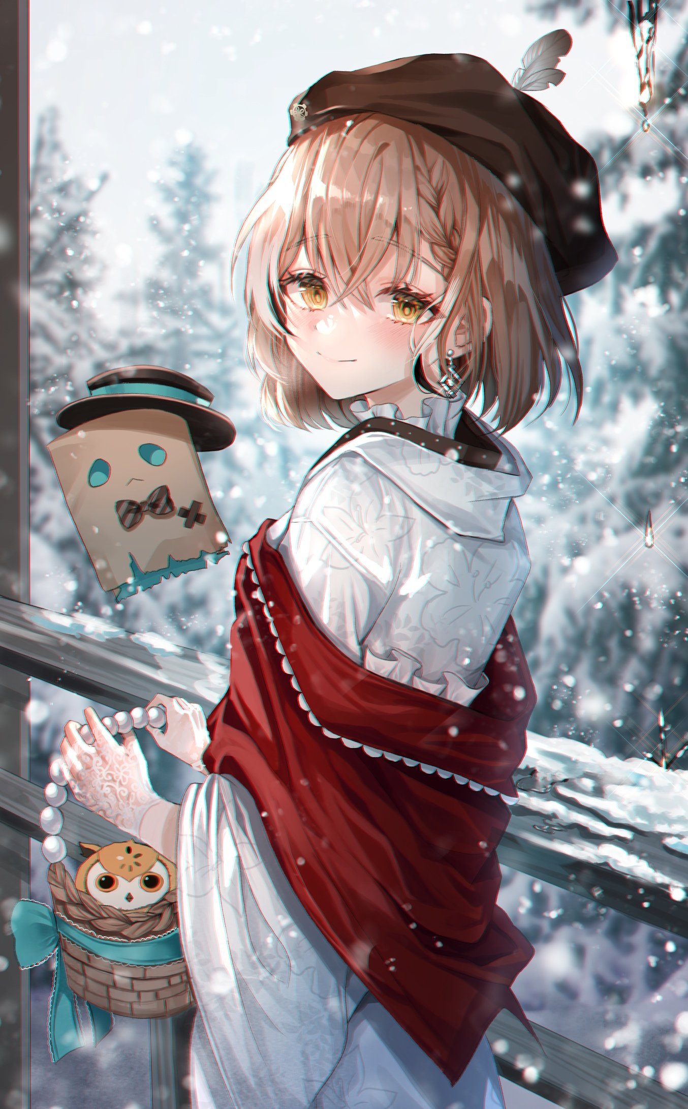 1girl basket beret bird blush bow bowtie braid brown_eyes brown_hair clouds cloudy_sky earrings feathers fence floral_print friend_(nanashi_mumei) gloves hat highres hololive hololive_english japanese_clothes jewelry kimono lace lace_gloves looking_at_viewer nanashi_mumei official_alternate_costume owl red_shawl ribbon rono_(vhpt2284) single_earring sky smile snowing top_hat tree virtual_youtuber white_kimono wide_sleeves wooden_fence