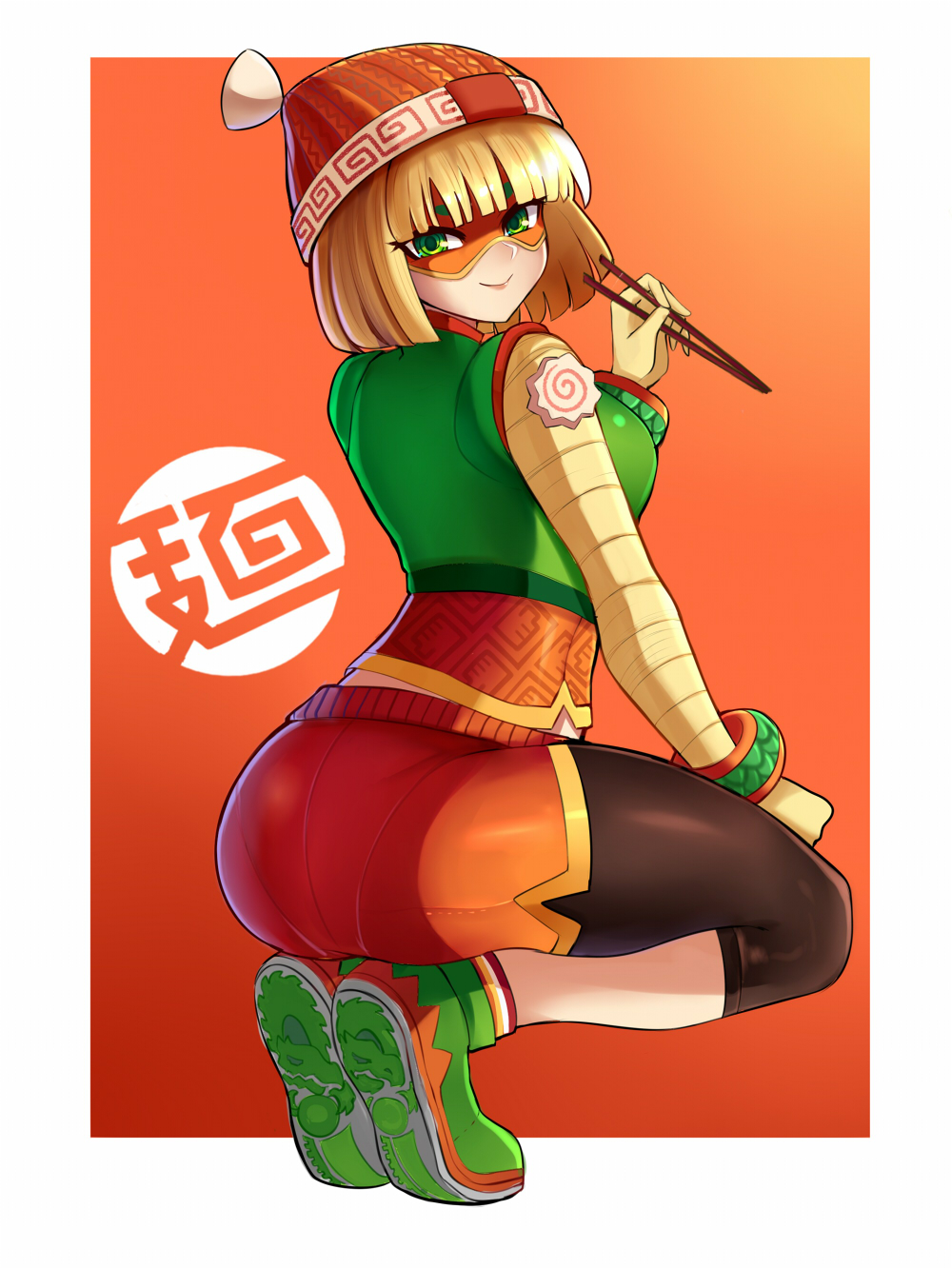 1girl arms_(game) ass black_pants blonde_hair blush breasts chopsticks closed_mouth edboy green_eyes green_footwear highres holding holding_chopsticks large_breasts lips looking_at_viewer min_min_(arms) pants shoes short_hair smile sneakers solo squatting super_smash_bros.