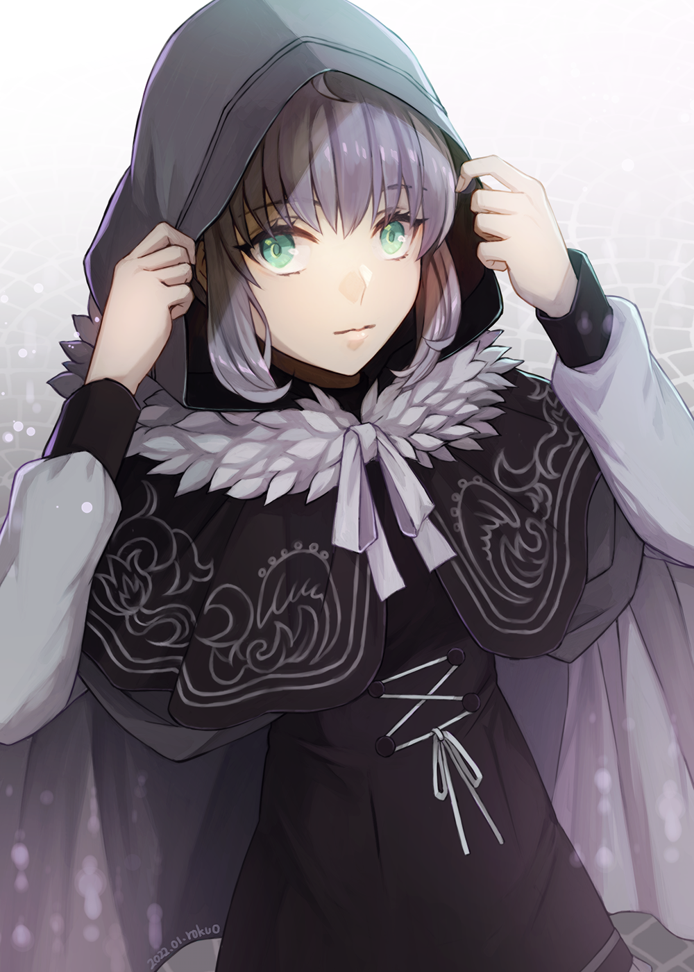 1girl 2022 bangs black_capelet black_dress cape capelet closed_mouth dated dress eyebrows_visible_through_hair fate_(series) gray_(fate) green_eyes grey_cape hair_between_eyes highres hood hood_up hooded looking_at_viewer lord_el-melloi_ii_case_files ribbon rokuo016 shiny shiny_hair silver_hair solo standing white_ribbon