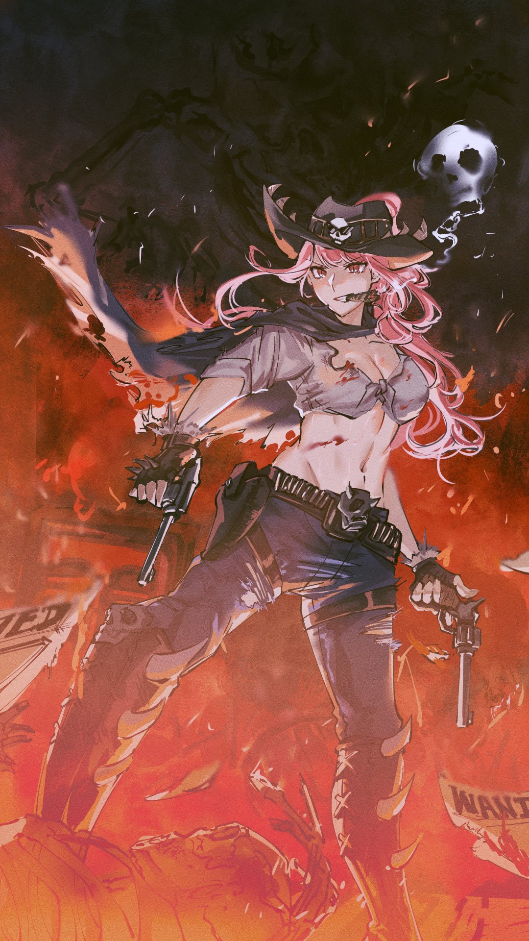 1girl alternate_costume battle_damage belt blood blood_on_clothes boots breasts buckle cape cigar cowboy_boots cowboy_western darkness denim dual_wielding eyebrows fire gun handgun highres holding hololive hololive_english holster jeans large_breasts mori_calliope pants pink_hair pistol red_eyes revolver set7 shirt skeleton skull_belt smoke smoking spiked_boots spikes tied_shirt torn_cape torn_clothes wanted weapon