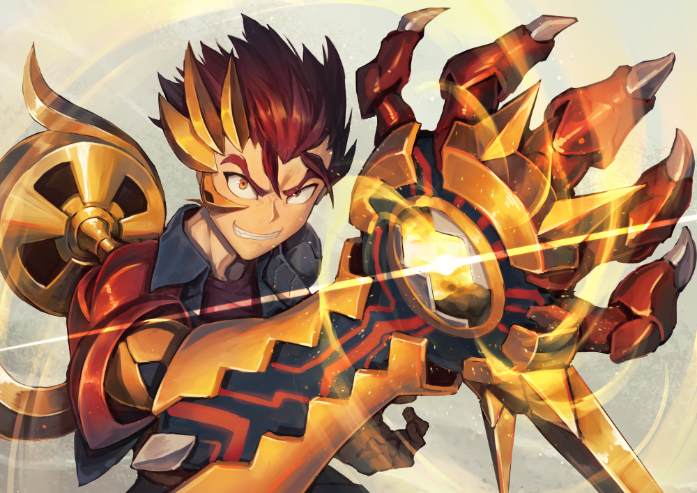 1boy armor claw_(weapon) fang gauntlets hair_slicked_back hatiue_(hachi) kazuma_(scryed) lens_flare light_particles looking_at_viewer male_focus orange_eyes pauldrons redhead scryed shoulder_armor smile solo spiky_hair teeth weapon