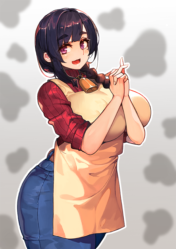 1girl :d apron bangs bell black_hair blue_pants braid breasts commentary_request copyright_request cowbell denim eyebrows_visible_through_hair hair_over_shoulder harusame-r huge_breasts interlocked_fingers jeans long_hair looking_at_viewer mature_female mole mole_under_eye neck_bell open_mouth own_hands_together pants red_sweater reward_available ribbed_sweater shiny shiny_hair single_braid sleeves_rolled_up smile solo standing sweater thick_eyebrows turtleneck turtleneck_sweater yellow_apron
