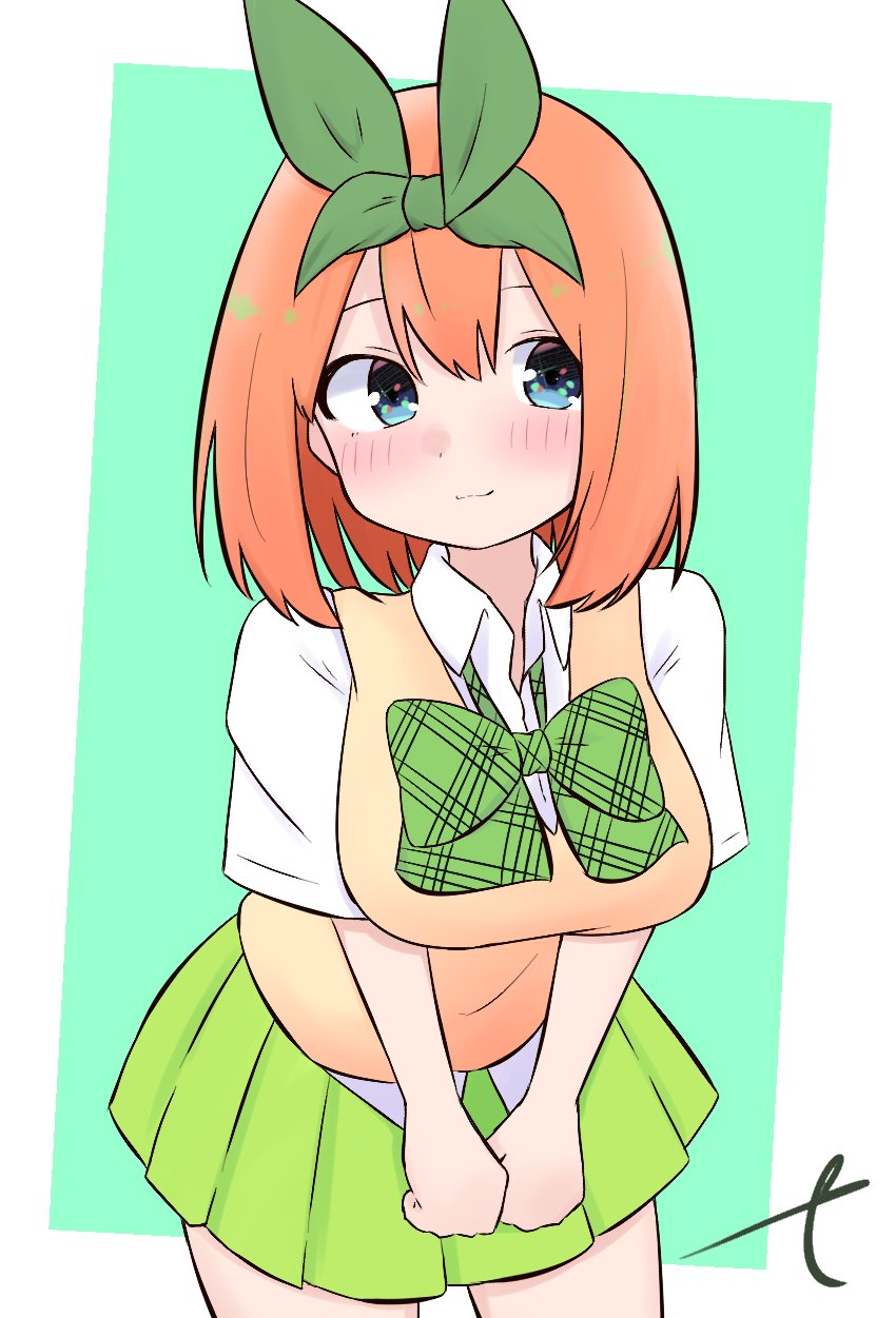 1girl bangs blue_eyes blush bow breasts closed_mouth collared_shirt commentary_request dress_shirt eyebrows_behind_hair go-toubun_no_hanayome green_background green_bow green_ribbon green_skirt hair_between_eyes hair_ribbon highres kujou_karasuma looking_at_viewer medium_breasts nakano_yotsuba orange_hair pleated_skirt ribbon shirt short_sleeves signature skirt smile solo two-tone_background white_background white_shirt