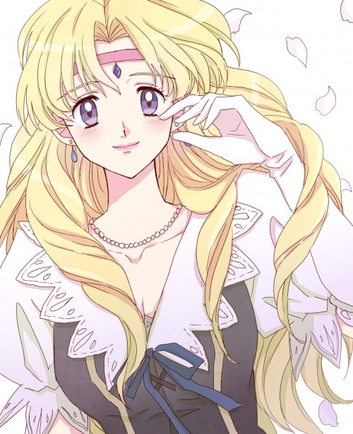 1girl bangs blonde_hair blue_ribbon blush closed_mouth dress drill_hair earrings elbow_gloves gloves headband jewelry long_hair looking_at_viewer millerna_aston necklace parted_bangs pearl_necklace petals princess puffy_short_sleeves puffy_sleeves ribbon short_sleeves smile solo tenkuu_no_escaflowne tomako_(pixiv24114842) upper_body violet_eyes white_background white_gloves