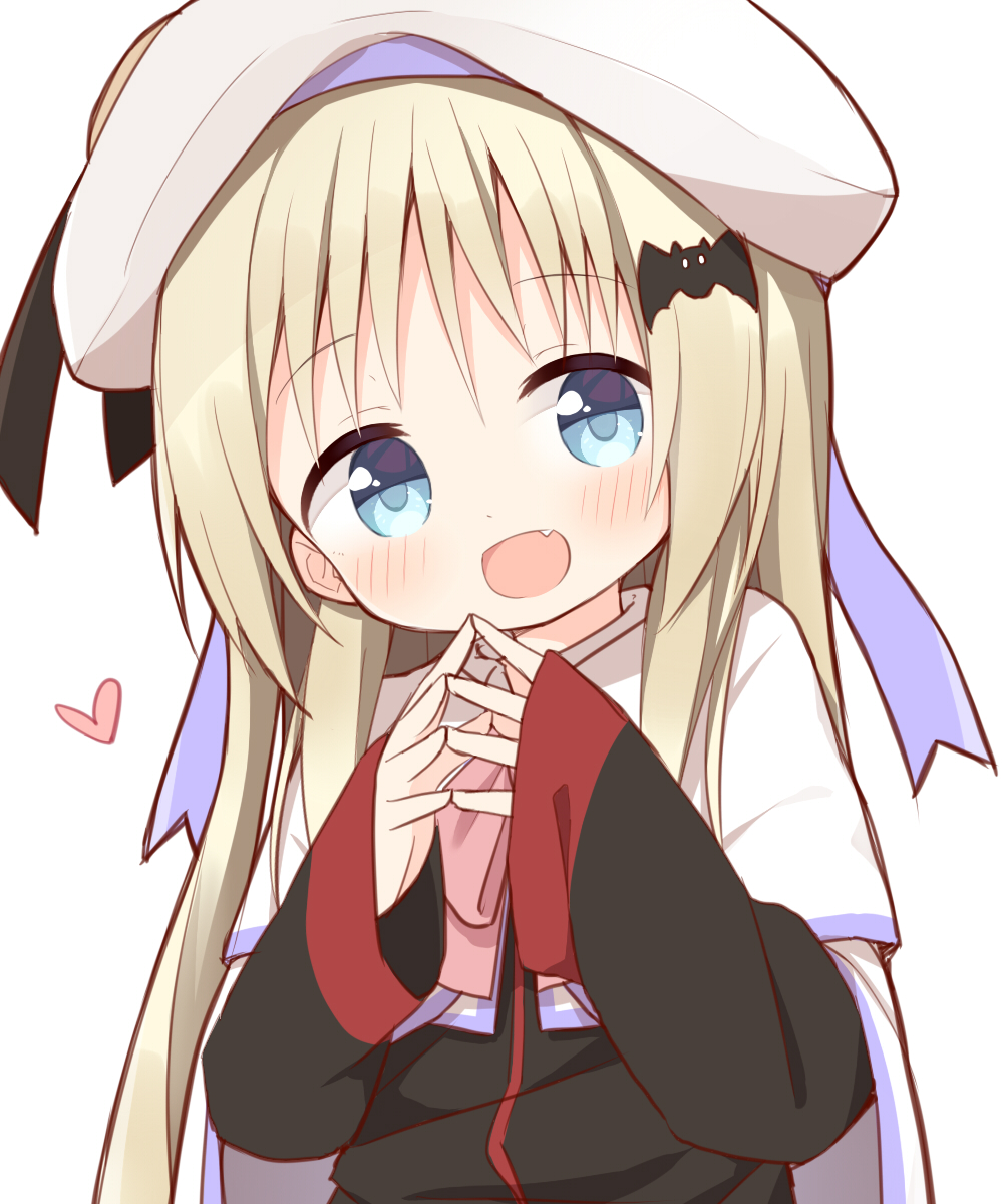 1girl :d ayanepuna bangs bat_hair_ornament beret black_jacket blonde_hair blue_eyes blush bow capelet cloak commentary_request eyebrows_visible_through_hair fang hair_between_eyes hair_ornament hands_up hat heart highres jacket little_busters! long_hair long_sleeves looking_at_viewer noumi_kudryavka pink_bow simple_background sleeves_past_wrists smile solo steepled_fingers upper_body very_long_hair white_background white_capelet white_cloak white_headwear