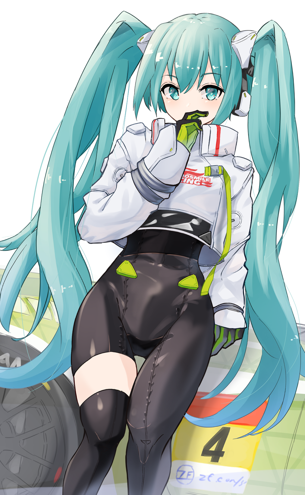 aqua_eyes bangs black_bodysuit black_gloves black_legwear bodysuit car commentary_request covered_mouth eyebrows_visible_through_hair gloves green_gloves green_hair ground_vehicle hair_between_eyes hand_to_own_mouth hatsune_miku highres jacket long_sleeves looking_at_viewer motor_vehicle puffy_long_sleeves puffy_sleeves racing_miku simple_background single_thighhigh sleeves_past_wrists thigh-highs twintails vocaloid white_background white_jacket yusake_san
