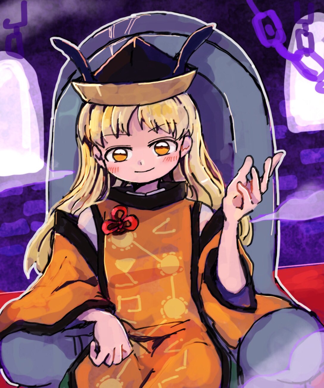 1girl bangs black_headwear blonde_hair blush brown_headwear cape chain chair closed_mouth commentary_request constellation constellation_print detached_sleeves eyebrows_visible_through_hair green_skirt grey_shirt hand_up hat highres long_hair long_sleeves looking_at_viewer matara_okina orange_cape orange_eyes purple_background rome35793562 shirt sitting skirt smile solo tabard touhou wall wide_sleeves window