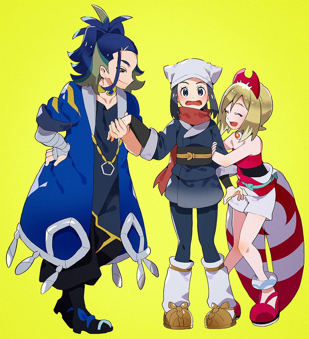 1boy 2girls adaman_(pokemon) akari_(pokemon) anklet arm_hug bare_shoulders black_hair blonde_hair blue_hair galaxy_expedition_team_survey_corps_uniform hand_wraps holding_hands irida_(pokemon) jewelry looking_at_another multicolored_hair multiple_girls oono_imo pokemon pokemon_(game) pokemon_legends:_arceus red_scarf scarf short_shorts shorts smile strapless two-tone_hair waist_cape yellow_background