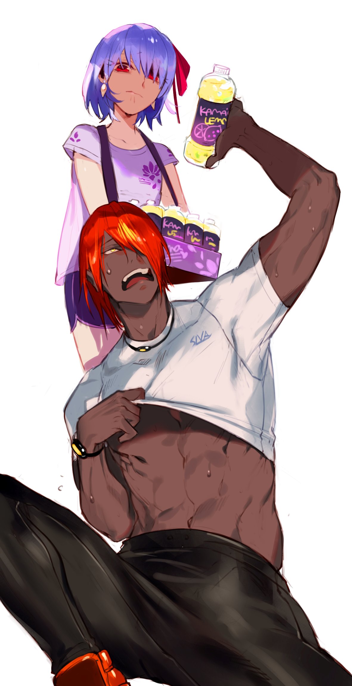 1boy 1girl abs ashwatthama_(fate) bangs clothes_lift commentary_request dark-skinned_male dark_skin earrings fate/grand_order fate_(series) hair_ribbon highres holding jewelry kama_(fate) long_hair muscular muscular_male open_mouth redhead ribbon semi_finalfight shirt_lift silver_hair yellow_eyes