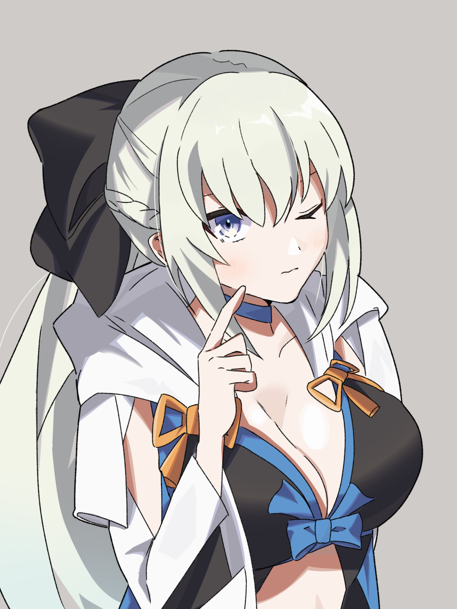 1girl arms_at_sides black_ribbon blue_eyes braid breasts breasts_apart crown crown_braid fate/grand_order fate_(series) hair_between_eyes highres kyudo6850 light_frown long_hair looking_at_viewer medium_breasts morgan_le_fay_(fate) navel platinum_blonde_hair ribbon shaded_face solo thigh-highs thigh_gap thighs very_long_hair white_background wide_sleeves