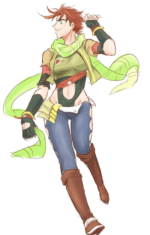 1girl abs_cutout aqua_eyes blue_eyes boots brown_hair brown_jacket clothing_cutout denim fingerless_gloves genderswap genderswap_(mtf) gloves green_eyes green_scarf groin highleg highleg_leotard jacket jeans jojo_no_kimyou_na_bouken joseph_joestar joseph_joestar_(young) leg_cutout leotard micken official_alternate_costume pants scarf short_hair smile solo striped striped_scarf vertical-striped_scarf vertical_stripes