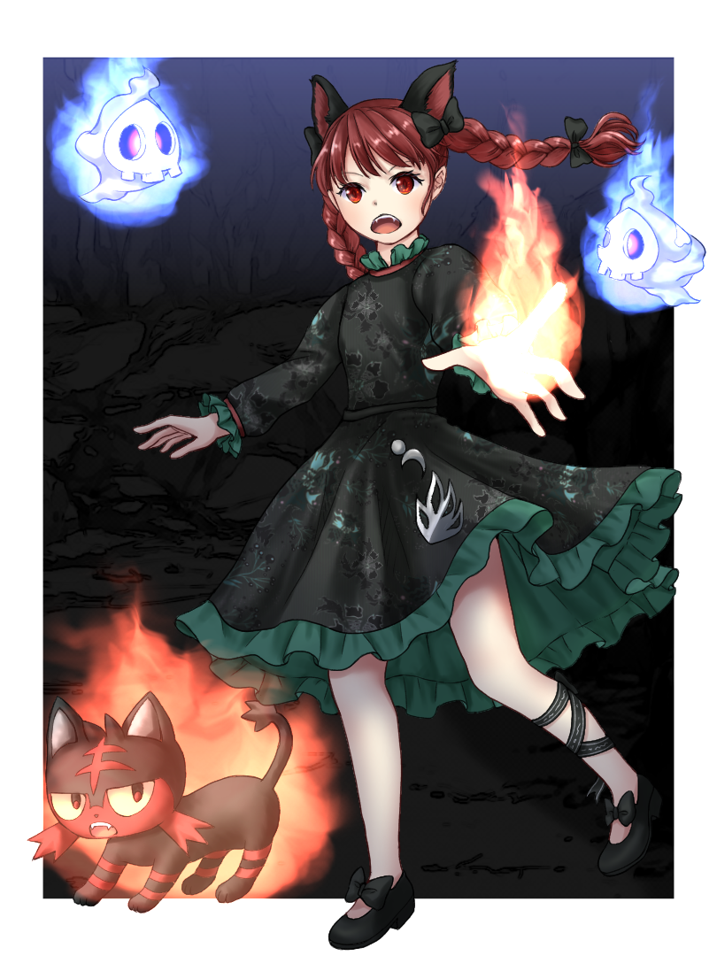 1girl animal_ears bangs black_bow black_ribbon blue_fire border bow braid burning cat_ears d: dress duskull extra_ears eyebrows_behind_hair fangs fire flat_chest floating_hair floral_print footwear_bow foreshortening full_body grey_dress hair_bow hair_ribbon hitodama kaenbyou_rin kyabekko leg_ribbon litten long_sleeves looking_at_viewer night no_tail open_mouth outdoors outside_border petticoat pointy_ears pokemon puffy_long_sleeves puffy_sleeves pyrokinesis reaching_out red_eyes redhead ribbon solo standing standing_on_one_leg teeth touhou tress_ribbon twin_braids twintails upper_teeth white_border