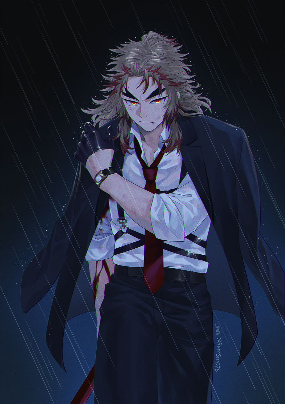 1boy alternate_costume black_gloves black_jacket black_pants blood blood_from_mouth blush closed_mouth collared_shirt gloves half_gloves highres jacket jacket_on_shoulders kimetsu_no_yaiba long_hair male_focus multicolored_hair necktie orange_eyes pants red_necktie redhead remsor076 rengoku_kyoujurou shirt silver_hair sleeves_rolled_up solo standing twitter_username two-tone_hair watch watch white_shirt wing_collar