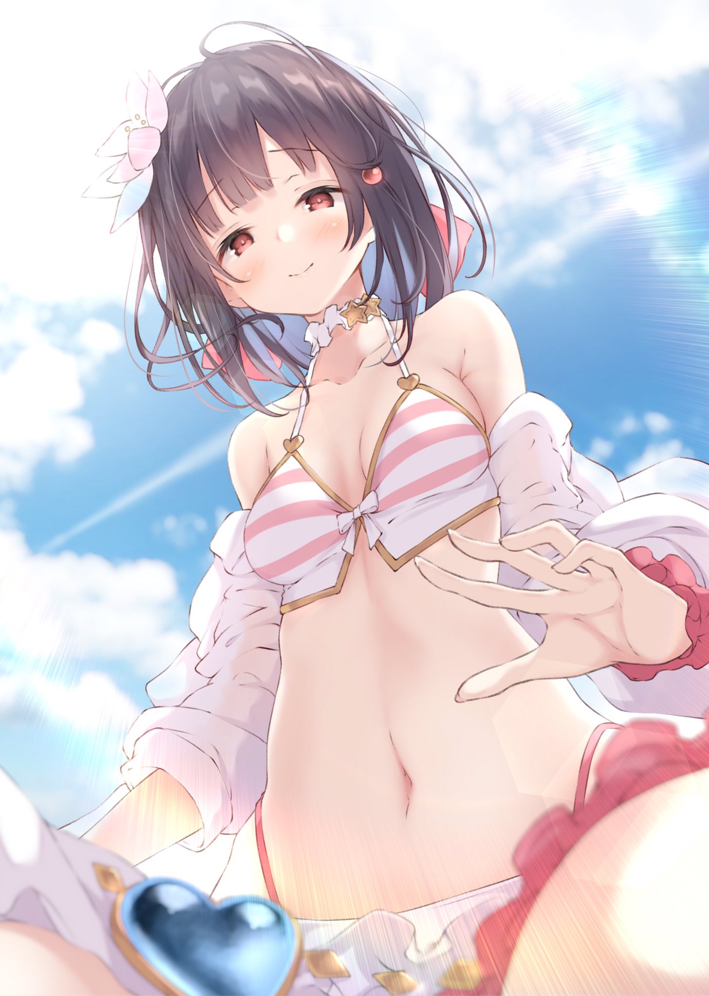 1girl bangs bikini bikini_skirt black_hair blue_hair blunt_bangs breasts brown_eyes closed_mouth clouds colored_inner_hair commentary_request day eyebrows_visible_through_hair flower granblue_fantasy hair_flower hair_ornament hair_ribbon highres jacket lens_flare looking_at_viewer medium_breasts multicolored_hair navel outdoors ribbon scrunchie sky small_breasts smile solo stomach striped striped_bikini swimsuit ukiwakisen vikala_(granblue_fantasy) white_jacket wrist_scrunchie