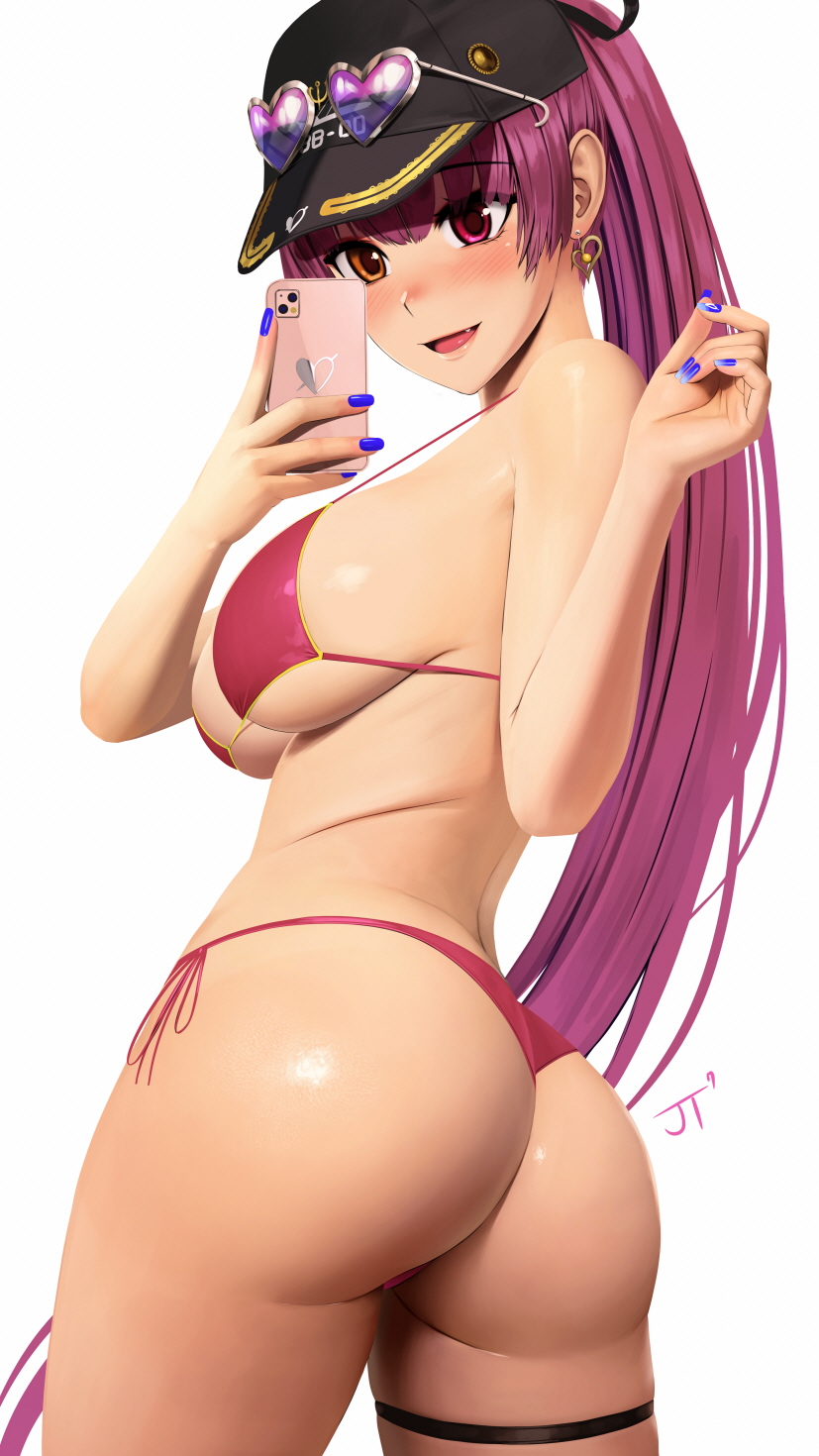 1girl ass banned_artist bikini black_headwear blue_nails blush breasts earrings fang fingernails hat heart heart_earrings heterochromia highres holding holding_phone hololive houshou_marine jellytits-7 jewelry large_breasts nail_polish open_mouth phone red_bikini simple_background smile solo swimsuit white_background