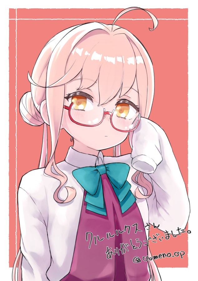 1girl ahoge bangs blush closed_mouth commission double_bun dress glasses hair_between_eyes kantai_collection long_hair long_sleeves looking_at_viewer makigumo_(kancolle) orange_eyes pink_hair purple_dress red-framed_eyewear school_uniform shirt sidelocks simple_background skeb_commission sleeves_past_fingers sleeves_past_wrists solo someno_haru twintails twitter_username two-tone_background upper_body white_shirt