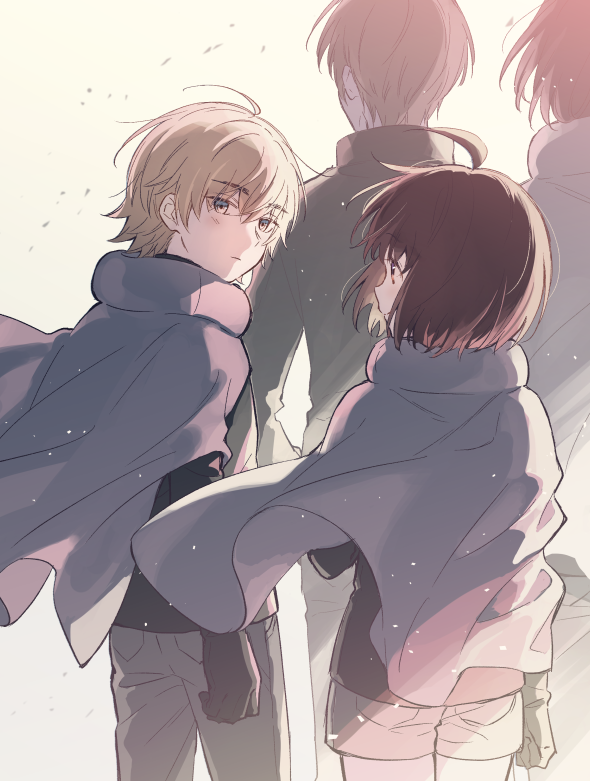 1girl 3boys ahoge amatori_chika azuma_haruaki bangs black_gloves black_hair black_jacket blush bob_cut brown_eyes brown_hair cape cape_lift cowboy_shot ema_yuzuru eye_contact facing_away gloves hetalia38 hetero jacket long_sleeves looking_at_another looking_to_the_side multiple_boys ninomiya_masataka purple_cape short_hair shorts simple_background smile uniform wind wind_lift world_trigger yellow_background