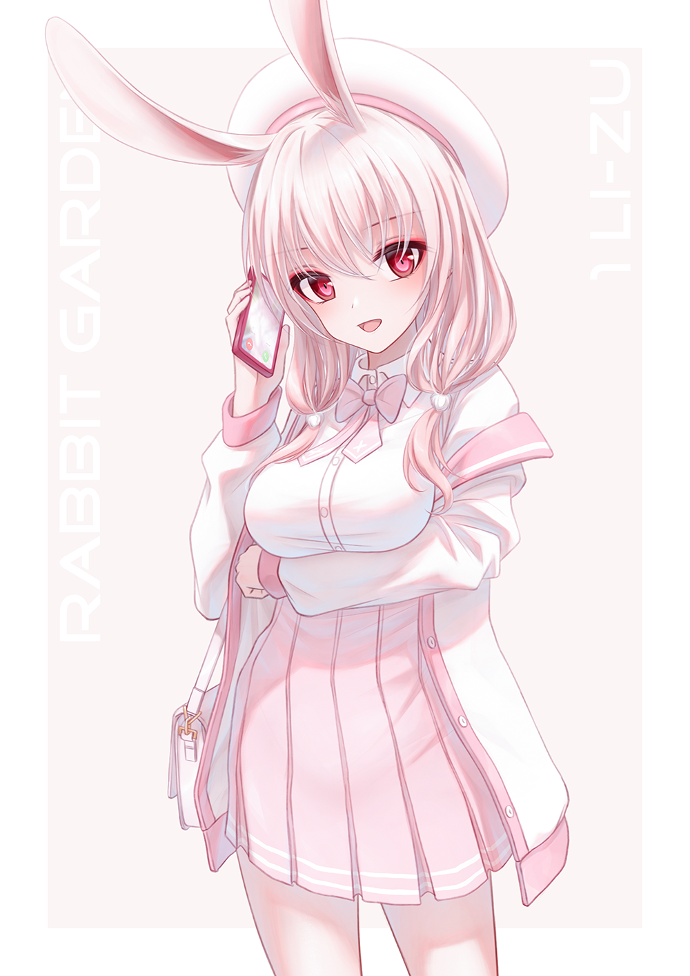 1girl :d animal_ears bae.c bag bangs beret breasts cellphone collared_shirt dress_shirt eyebrows_visible_through_hair hair_between_eyes hand_up hat highres holding holding_phone jacket lizu_(bae.c) long_hair long_sleeves medium_breasts off_shoulder open_clothes open_jacket phone pink_background pink_hair pink_skirt pleated_skirt puffy_long_sleeves puffy_sleeves rabbit_ears red_eyes shirt shoulder_bag skirt sleeves_past_wrists smile solo tsumi_no_hahen_(debris) two-tone_background white_background white_headwear white_jacket white_shirt