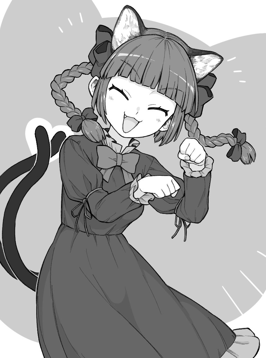 1girl animal_ears bangs black_bow blunt_bangs blush bow bowtie braid cat_ears cat_tail clenched_hands closed_eyes dress extra_ears fang green_background green_dress greyscale hair_bow hands_up kaenbyou_rin long_hair long_sleeves monochrome multiple_tails oninamako open_mouth paw_pose red_bow red_bowtie redhead smile solo tail touhou twin_braids twintails two_tails