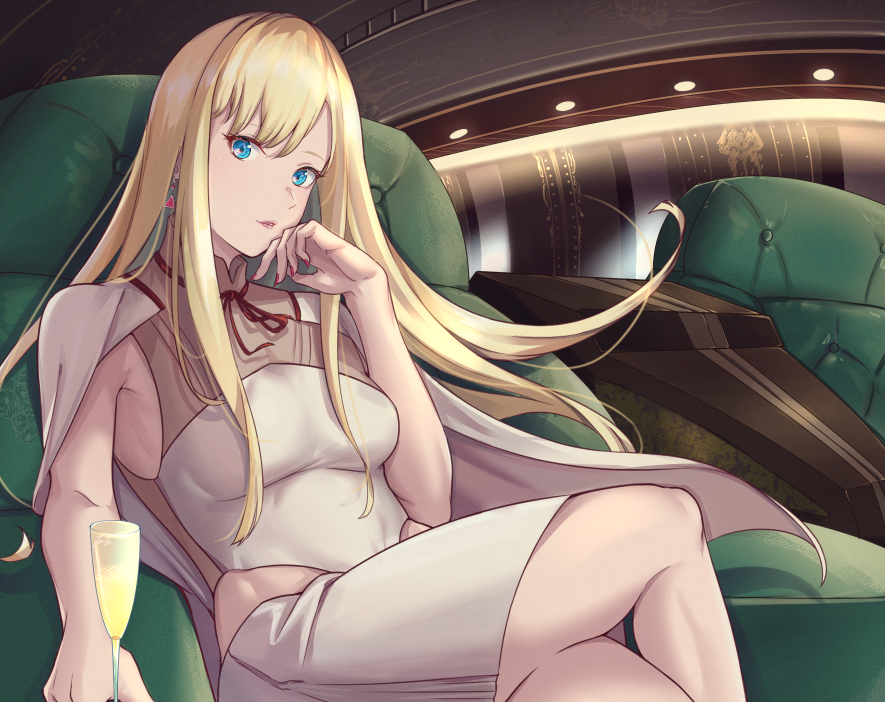 1girl bangs blonde_hair blue_eyes breasts car_interior commentary couch cup drinking_glass earrings gigi_andalusia gundam gundam_hathaway's_flash jewelry long_hair looking_at_viewer medium_breasts pink_nails sidelocks sitting solo triangle_earrings yuuyu_(sun_yuu)