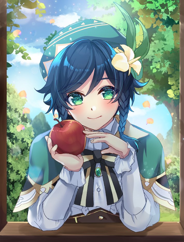 1boy apple bangs bard beret black_hair blue_hair blush braid brooch cape collared_cape commentary_request corset flower food frilled_sleeves frills fruit genshin_impact gradient_hair green_cape green_eyes green_headwear hat hat_flower holding holding_food holding_fruit jewelry juliet_sleeves long_sleeves looking_at_viewer male_focus multicolored_hair puffy_sleeves shiromaru_tm shirt short_hair_with_long_locks smile solo twin_braids venti_(genshin_impact) white_flower white_shirt