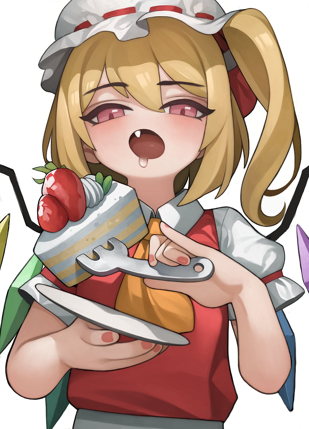 1girl blonde_hair cake fang flandre_scarlet food fruit hat highres open_mouth puffy_short_sleeves puffy_sleeves rabbit_(wlsdnjs950) red_eyes red_vest ribbon shirt short_hair short_sleeves side_ponytail simple_background solo strawberry touhou vest white_background white_shirt wings