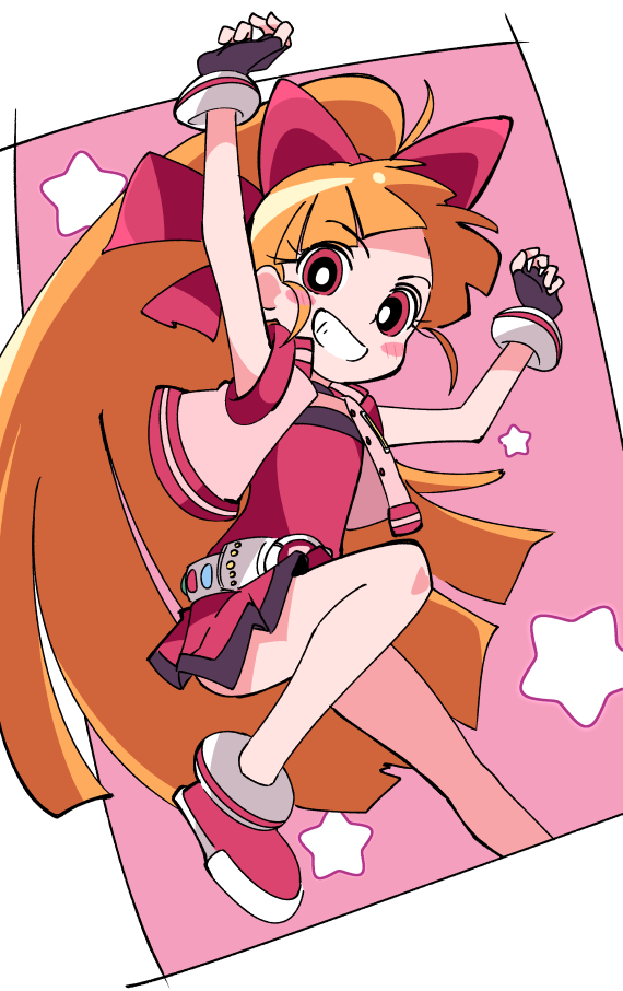 1girl akazutsumi_momoko arms_up black_gloves blush_stickers bow commentary_request fingerless_gloves gloves grin hair_bow hyper_blossom ixy legs long_hair looking_at_viewer orange_hair pink_background ponytail powerpuff_girls_z red_bow red_eyes red_footwear red_skirt shoes simple_background skirt smile solo teeth two-tone_background very_long_hair white_background