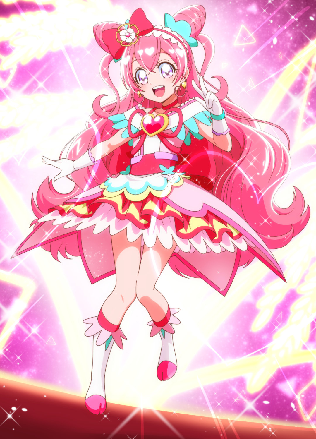 1girl :d apron boots bow choker cure_precious delicious_party_precure double_bun earrings flower frilled_apron frilled_hairband frills full_body gloves hair_bow hair_cones hair_flower hair_ornament hairband heart_brooch highres jewelry knee_boots layered_skirt long_hair looking_at_viewer magical_girl multicolored_clothes multicolored_skirt nagomi_yui open_mouth pink_background pink_bow pink_choker pink_hair pink_hairband pink_theme precure shiny shiny_hair skirt smile solo standing standing_on_one_leg tj-type1 two_side_up v violet_eyes white_apron white_footwear white_gloves