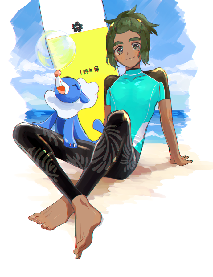 1boy alternate_costume arm_support barefoot beach bodysuit border bubble closed_mouth clouds commentary_request dark-skinned_male dark_skin day green_hair grey_eyes hau_(pokemon) looking_at_viewer male_focus ocean outdoors outside_border panco500 pokemon pokemon_(creature) pokemon_(game) pokemon_sm popplio sand shore short_hair sitting sky smile surfboard toes water wetsuit white_border