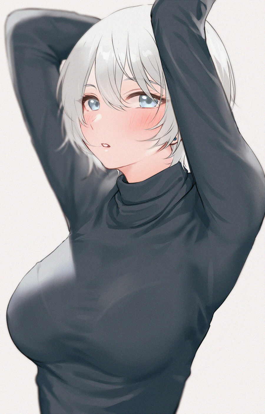 1girl arms_up black_sweater blue_eyes blurry blush bra_visible_through_clothes bralines breasts depth_of_field ear_piercing eyebrows_visible_through_hair grey_hair hair_between_eyes highres kurokin long_sleeves looking_at_viewer medium_breasts open_mouth original piercing short_hair simple_background solo sweater taut_clothes taut_sweater turtleneck turtleneck_sweater upper_body white_background white_hair