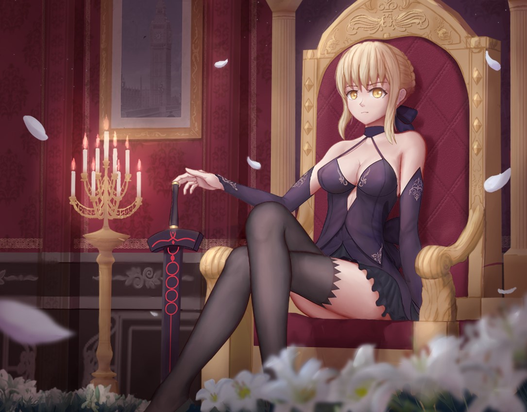 1girl absurdres artoria_pendragon_(all) black_footwear black_skirt blonde_hair bone_(pixiv15492065) breasts cleavage clouds cloudy_sky dark_excalibur excalibur_morgan_(fate) eyebrows_visible_through_hair fate/grand_order fate/stay_night fate_(series) formal full_body high_heels highres long_skirt long_sleeves medium_breasts outdoors outstretched_arm saber_alter sideboob skirt skirt_suit sky solo standing suit sword tied_hair weapon yellow_eyes