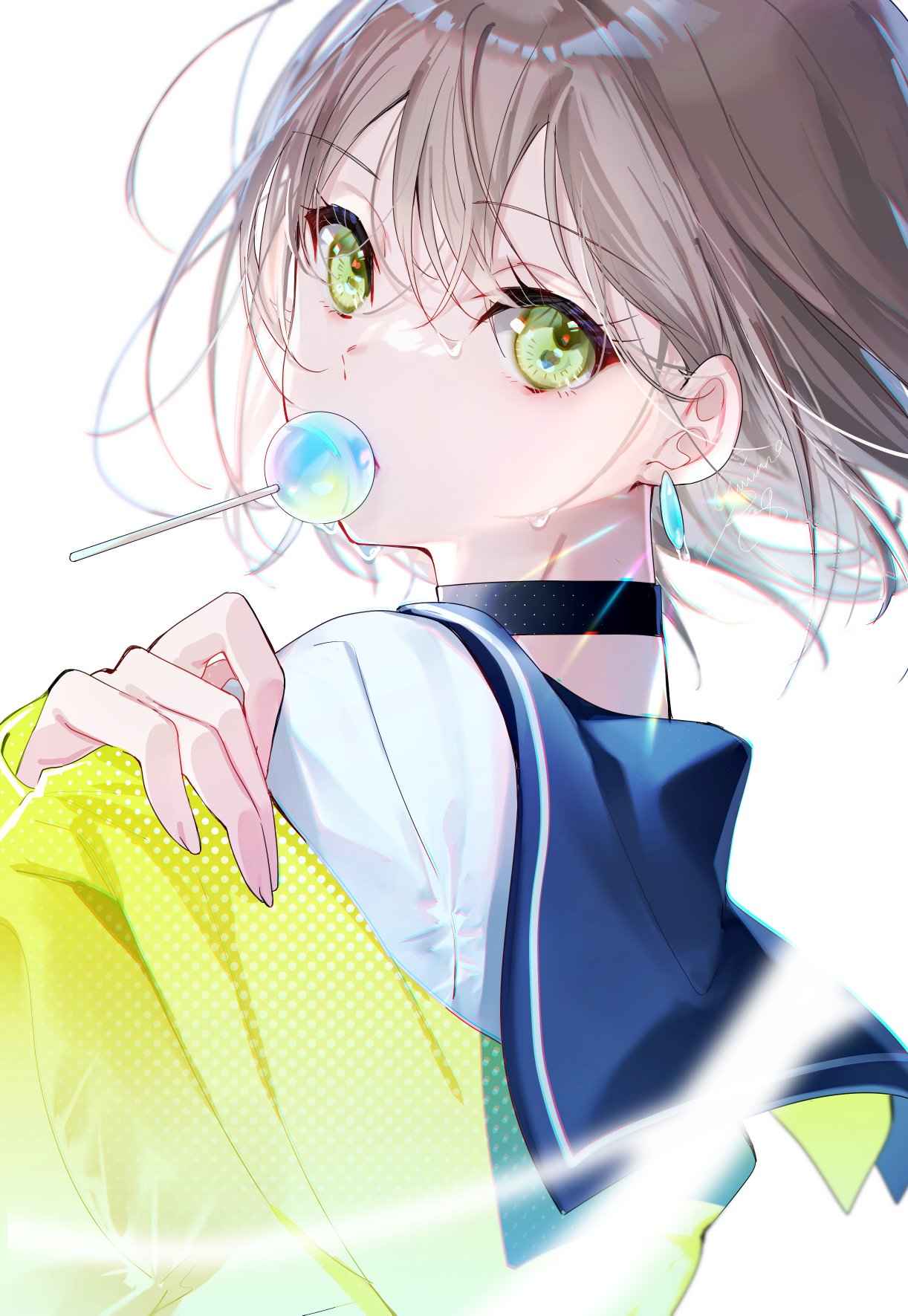 1girl bangs black_choker blue_sailor_collar brown_hair candy choker collared_shirt earrings eyebrows_visible_through_hair floating_hair food from_side green_eyes hair_between_eyes highres jewelry lollipop looking_at_viewer miwano_ragu original sailor_collar sailor_shirt shiny shiny_hair shirt short_hair solo upper_body white_background white_shirt