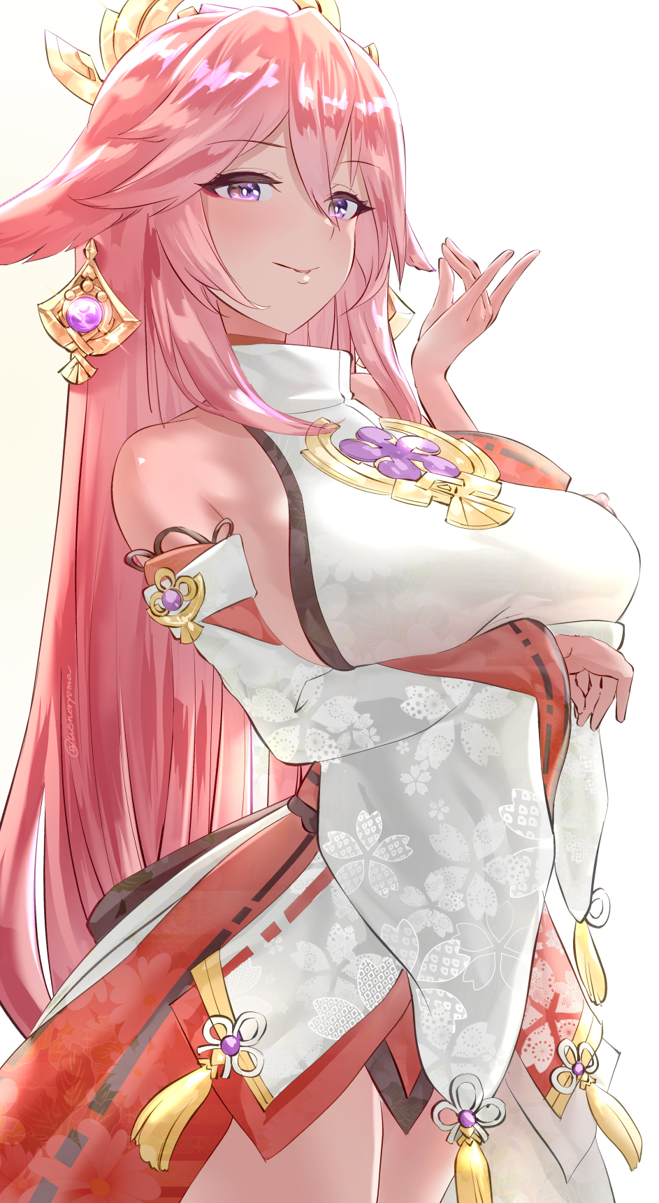 1girl arm_under_breasts breasts detached_sleeves dress genshin_impact hair_ornament halo halterneck hand_gesture hand_up highres japanese_clothes large_breasts looking_at_viewer pink_hair smile solo thighs uenoryoma violet_eyes white_background wide_sleeves yae_miko