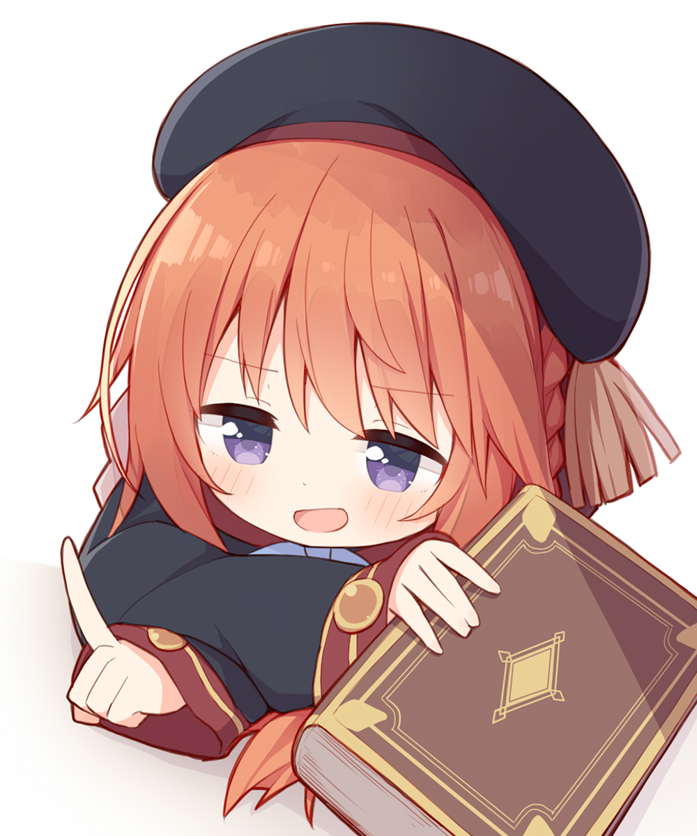 1girl :d ayanepuna bangs beret black_coat black_headwear blush book braid brown_hair coat commentary_request cropped_torso eyebrows_visible_through_hair hat highres holding holding_book index_finger_raised long_hair long_sleeves princess_connect! simple_background sleeves_past_wrists smile solo upper_body violet_eyes white_background yuni_(princess_connect!)
