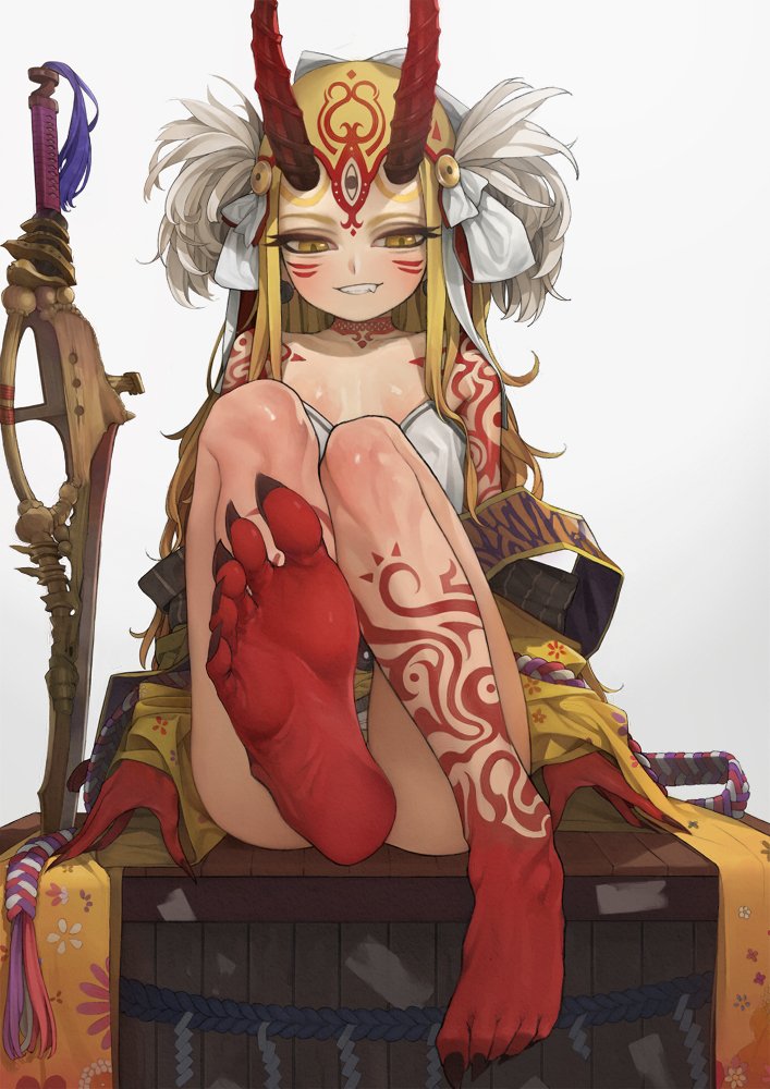 1girl bare_shoulders barefoot blonde_hair facial_mark fate/grand_order fate_(series) feet full_body horns ibaraki_douji_(fate) long_hair looking_at_viewer oni oni_horns pointy_ears rabbit_(wlsdnjs950) smile solo tattoo white_background yellow_eyes