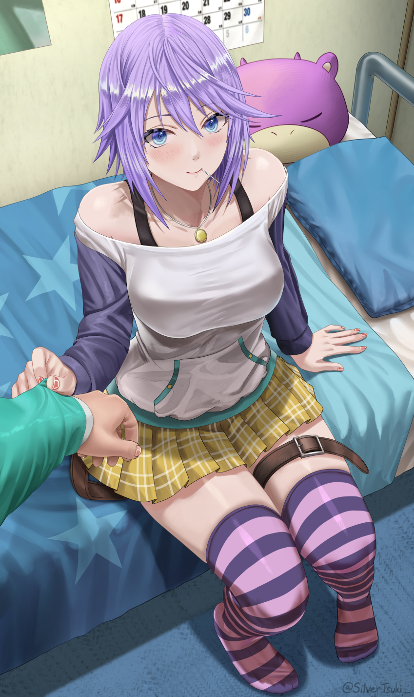 1boy 1girl bangs bed bed_sheet bedroom blue_eyes blush breasts candy clothes_grab collarbone eyebrows_visible_through_hair food food_in_mouth hair_between_eyes highres indoors jewelry large_breasts lollipop long_sleeves looking_at_viewer necklace off-shoulder_shirt off_shoulder on_bed pillow pleated_skirt purple_hair rosario+vampire shirayuki_mizore shirt short_hair silvertsuki sitting sitting_on_bed skirt sleeve_grab smile solo_focus striped striped_legwear thigh-highs thigh_strap yellow_skirt