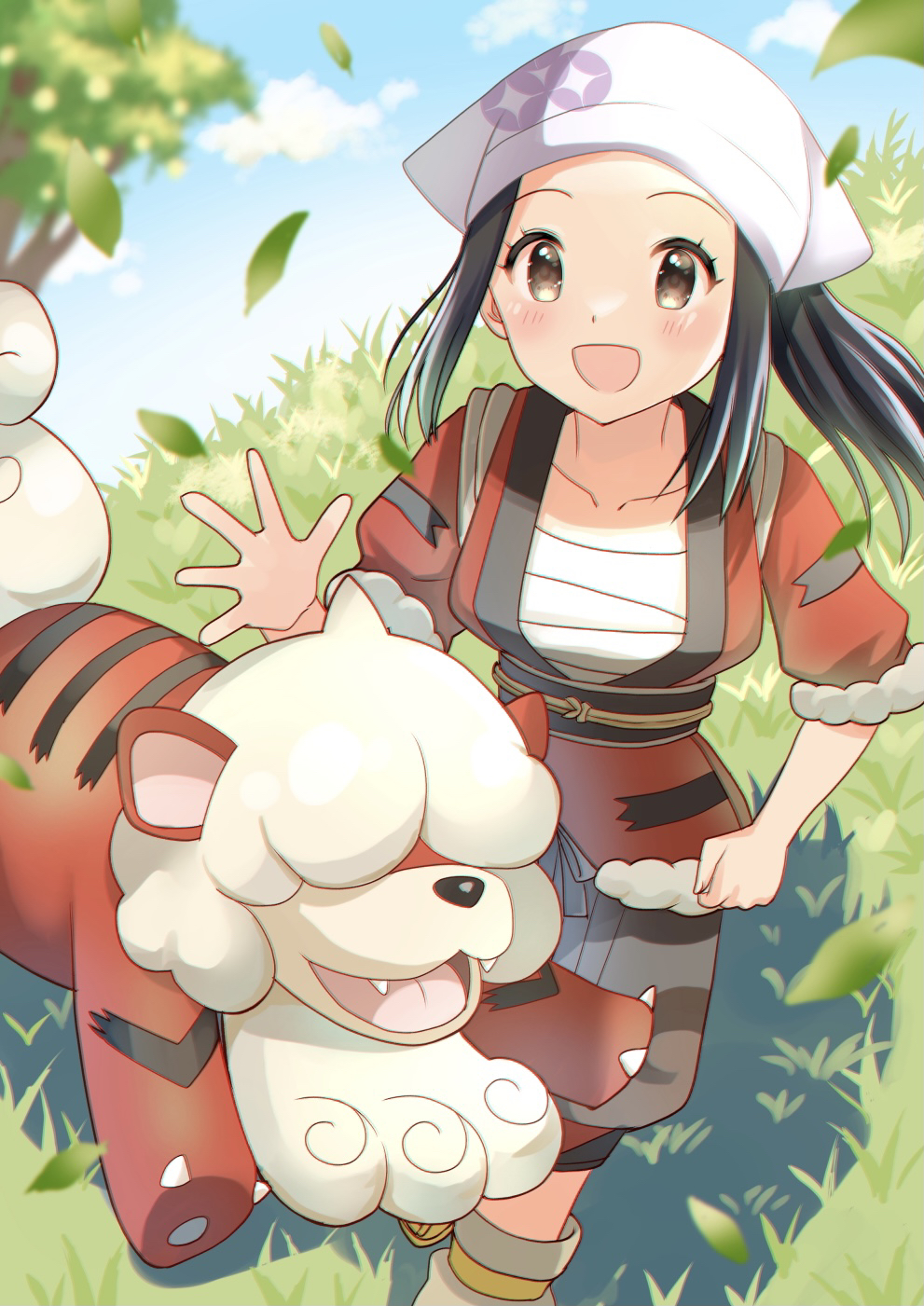 1girl :d akari_(pokemon) black_hair blush brown_eyes clouds collarbone commentary_request day eyelashes grass hand_up head_scarf highres hisuian_growlithe jacket leaves_in_wind long_hair loose_socks open_mouth orange_jacket outdoors pechi_(peeechika) pokemon pokemon_(creature) pokemon_(game) pokemon_legends:_arceus ponytail sash sidelocks sky smile spread_fingers standing tree white_headwear