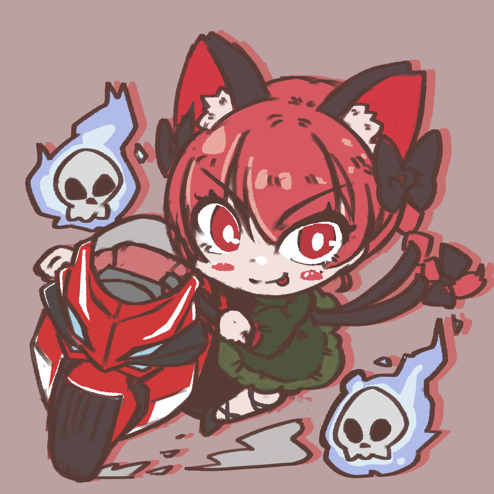 1girl animal_ear_fluff animal_ears black_bow blush bow cat_ears cat_tail dnk dress dust extra_ears flaming_skull floating_skull focused ghost green_dress ground_vehicle hitodama kaenbyou_rin motor_vehicle motorcycle multiple_tails pink_background red_background red_eyes redhead riding shadow skull solo tail tongue tongue_out touhou two_tails