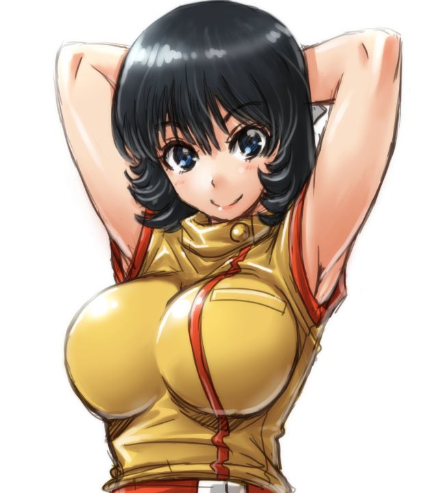 1girl amania_orz armpits arms_up black_hair blue_eyes breasts closed_mouth fa_yuiry gundam large_breasts light_blush looking_at_viewer short_hair simple_background smile solo uniform white_background zeta_gundam