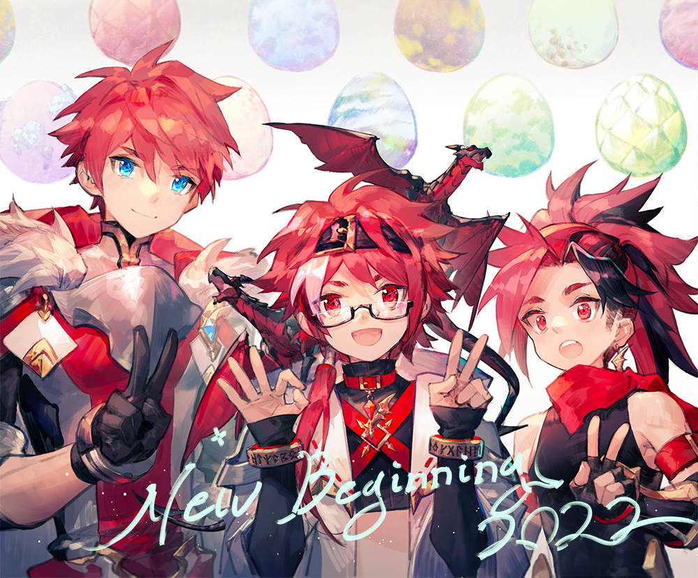 3boys blue_eyes character_request child commentary_request dragon elsword looking_at_viewer multiple_boys ok_sign open_mouth orb red_eyes redhead scorpion5050 teeth v white_background