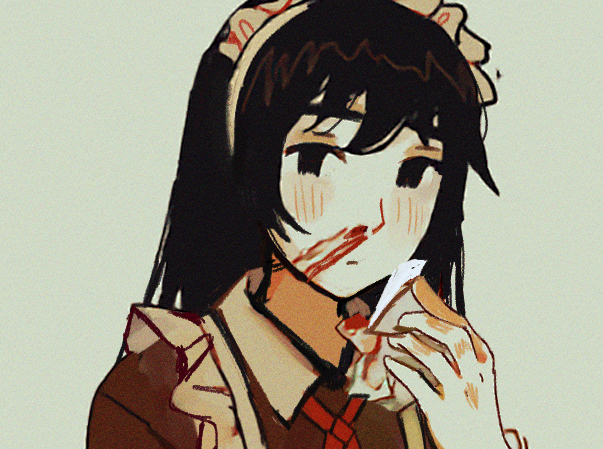 1girl bangs black_eyes black_hair blood blood_on_face blood_stain blurry blush depth_of_field expressionless film_grain frilled_hairband frills futaba_channel grey_background hairband hand_up holding io_(onisarashi) long_hair looking_at_viewer looking_to_the_side maid maid_headdress muted_color neck_ribbon nijiura_maids nosebleed portrait red_ribbon ribbon simple_background solo stain straight_hair swept_bangs tissue white_hairband wing_collar wiping_nose yowai