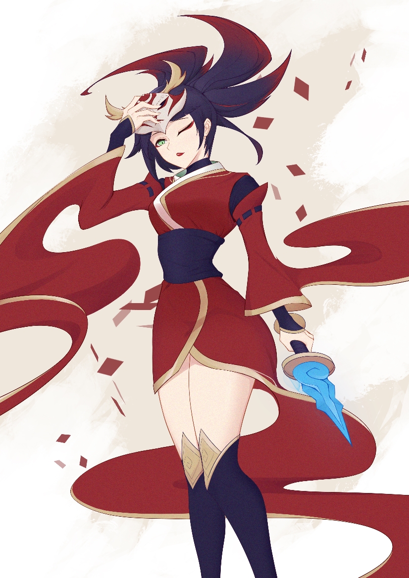 1girl antlers bangs black_hair blood_moon_(league_of_legends) blood_moon_akali breasts feet_out_of_frame holding japanese_clothes large_breasts league_of_legends long_hair long_sleeves looking_at_viewer makeup mask mask_on_head official_alternate_costume one_eye_closed ponytail ranxb redhead solo thigh-highs weapon wide_sleeves