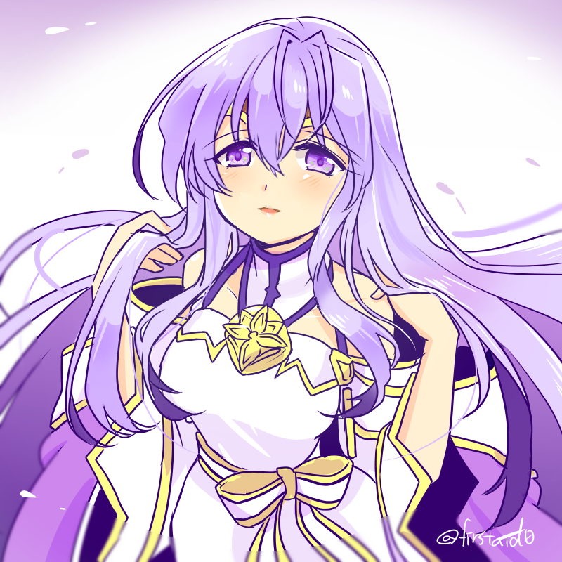 1girl alternate_costume arms_up bare_shoulders blush book cape circlet colored_eyelashes detached_sleeves dress eyebrows_visible_through_hair fire_emblem fire_emblem_heroes hair_between_eyes hand_in_hair julia_(fire_emblem) long_hair looking_at_viewer open_mouth purple_hair smile solo twitter_username upper_body violet_eyes white_dress yukia_(firstaid0)