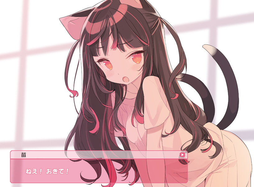 1girl :o animal_ears bangs black_hair blade_(galaxist) blurry blurry_background blush breasts bright_pupils cat_ears cat_girl cat_tail commentary_request dialogue_box eyebrows_visible_through_hair fake_screenshot indoors leaning_forward long_hair looking_at_viewer multicolored_hair multiple_tails nekoyama_nae open_mouth orange_eyes pants pink_hair pink_shirt shirt short_sleeves simple_background small_breasts solo split_mouth streaked_hair tail tail_raised toranoana translation_request two-tone_hair two_side_up two_tails very_long_hair virtual_youtuber white_background white_pants