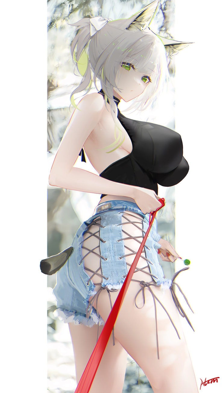 1girl animal_ears arknights ass bangs bare_shoulders breasts candy chinese_commentary commentary_request explosive eyebrows_visible_through_hair food grenade highres kal'tsit_(arknights) leash lollipop looking_at_viewer midriff omone_hokoma_agm ponytail red_nails shorts sleeveless solo white_hair