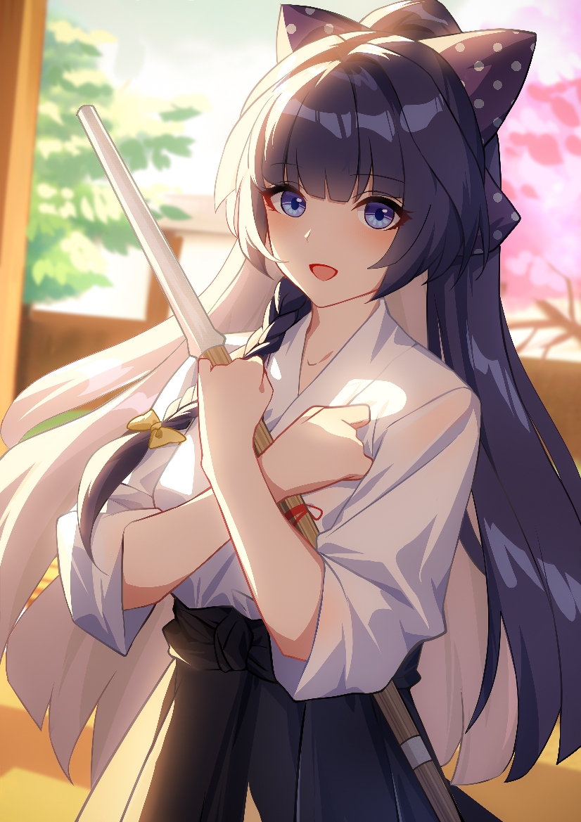 1girl :d bangs blurry blurry_background bow cherry_blossoms fu-hun hair_bow holding honkai_(series) honkai_impact_3rd japanese_clothes kendo long_hair looking_at_viewer open_mouth purple_hair raiden_mei sleeves_past_elbows smile solo sword tree violet_eyes weapon wooden_sword